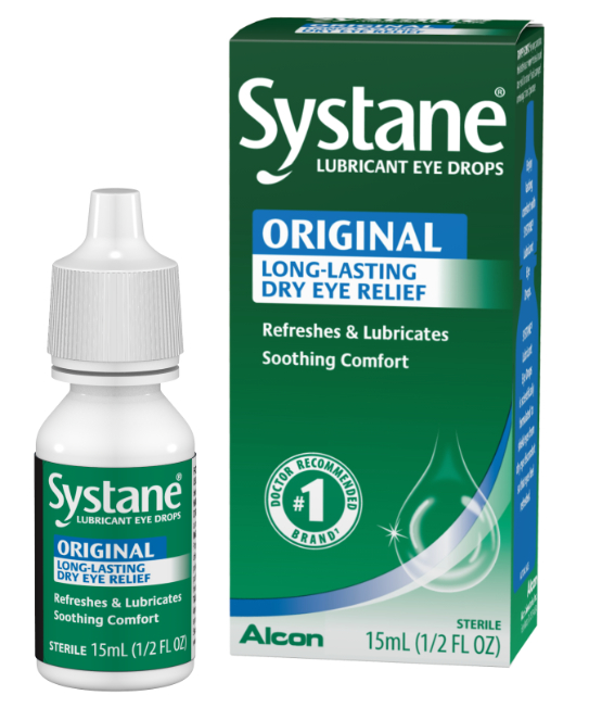 Systane Original Long-Lasting Dry Eye Relief Lubricant Eye Drops vial carton and product box by Alcon