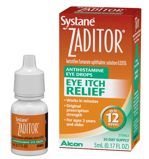 Systane Zaditor Antihistamine Eye Drops Eye Itch Relief vial carton and product box by Alcon