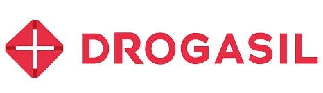 Logotipo da Drogasil com símbolo vermelho em formato geométrico contendo uma cruz branca e o nome Drogasil em vermelho.