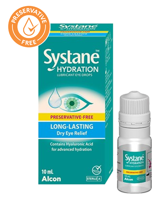 Systane® Hydration Preservative-free Lubricant Eye Drops vial carton and product box