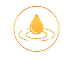 Orange gradient water droplet inside a circular outline with ripple rings, representing hydration and soothing moisture for eyes.