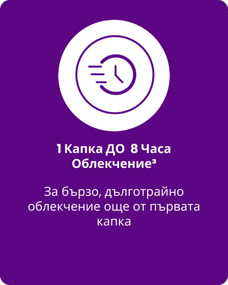 Изображение на часовник и графични линии на движение, обозначени с текст: "1 Kапка До  8 Часа Облекчение" с допълнителен текст: "За бързо, дълготрайно облекчение още от първата капка"