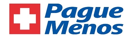 Logotipo da Pague Menos com ícone vermelho contendo uma cruz branca e o nome Pague Menos em azul.