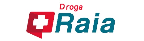Logotipo da Droga Raia com símbolo vermelho contendo uma cruz branca e o nome Raia em destaque.