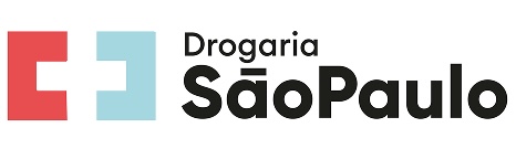 Logotipo da Drogaria São Paulo com símbolo geométrico nas cores vermelho e azul-claro ao lado do nome da marca.