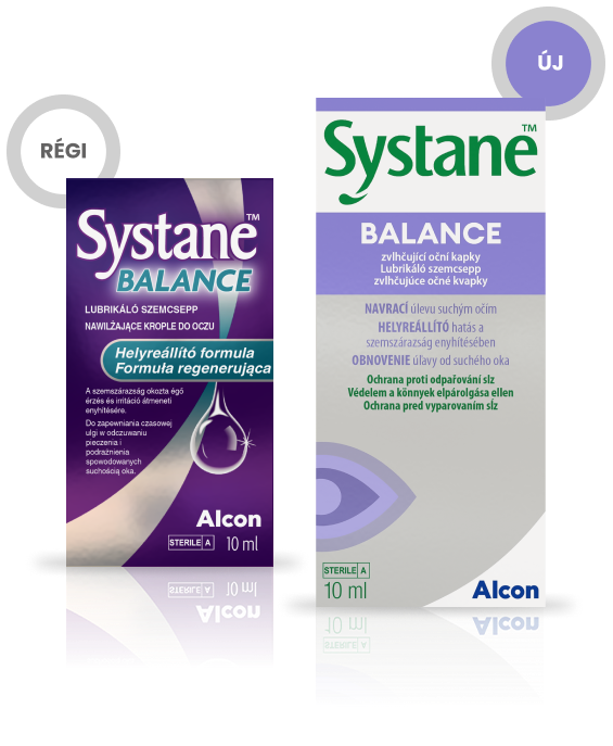 Régen és Most termékdobozok az Alcon Systane Balance szemcseppeihez