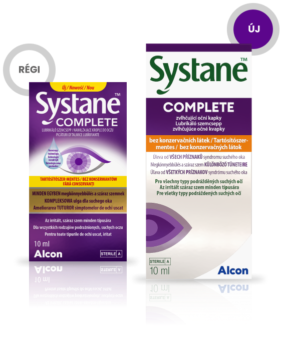 Régen és Most termékdobozok az Alcon Systane Complete tartósítószermentes nedvesítő szemcseppeihez