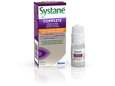 Nové balenie a krabička zvlhčujúcich očných kvapiek Systane® Complete bez konzervačných látok