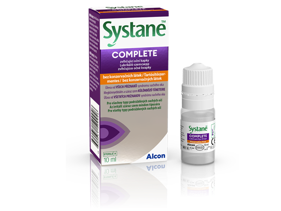 Nové balenie a krabička zvlhčujúcich očných kvapiek Systane® Complete bez konzervačných látok