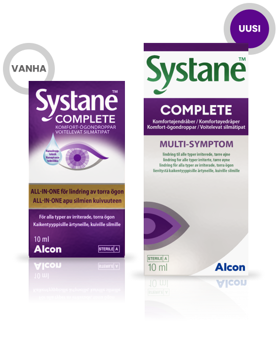 Uusi ja vanha Alconin Systane Complete -moniannospullon pakkaus