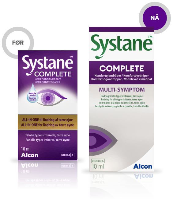 Da og nå produktesker for Systane Complete øyedråper fra Alcon, for lindring av flere typer tørt øye 