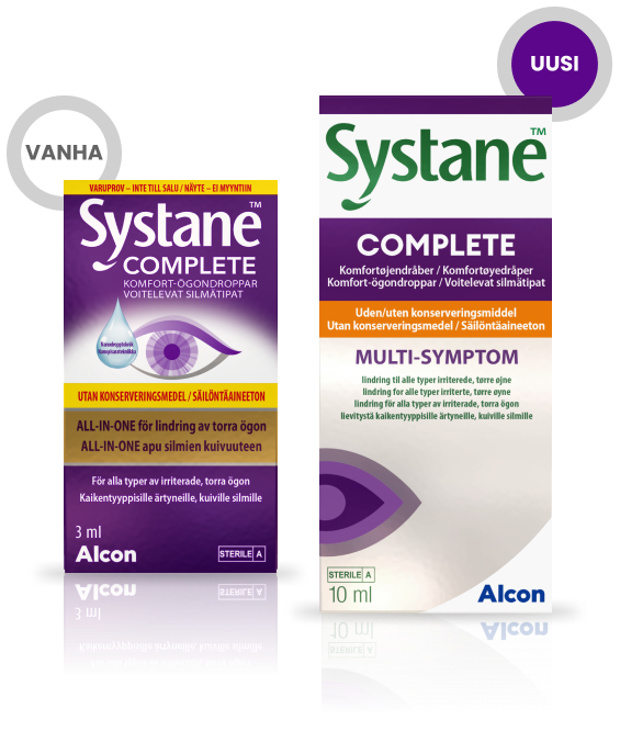 Uusi ja vanha Alconin Säilöntäaineeton Systane Complete -moniannospullon pakkaus