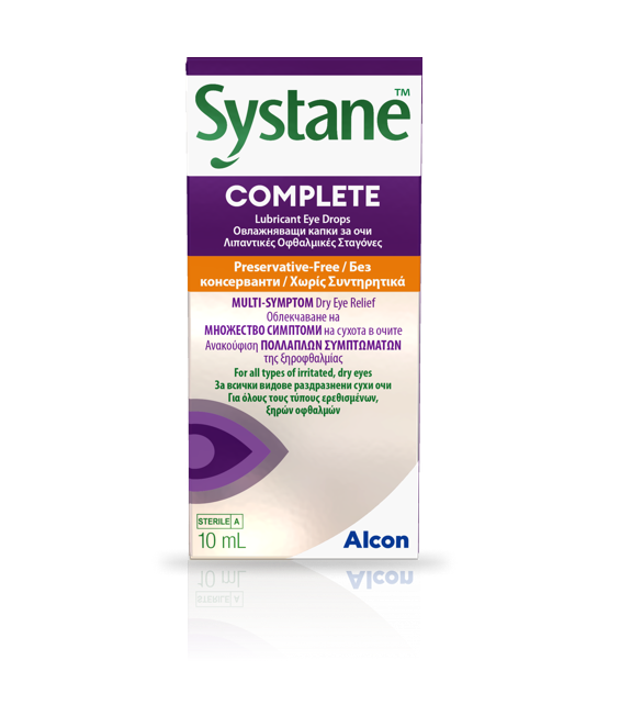 Systane® Complete лубрикантни капки за очи без конзерванси картонска амбалажа со повеќе дози и кутија со производ