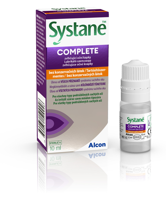 Nové balenie a krabička zvlhčujúcich očných kvapiek Systane® Complete bez konzervačných látok