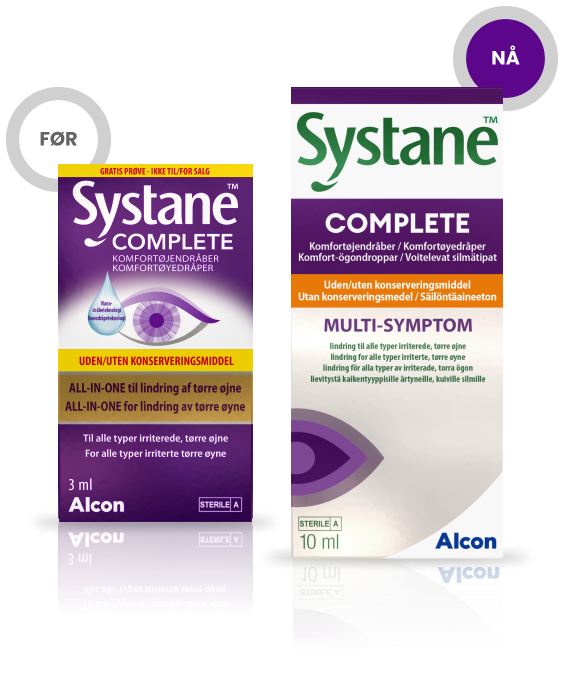 Nåværende Systane Complete (konserveringsfri) produkteske ved siden av den nye Systane Complete (konserveringsfri) produkteske fra Alcon, som skal lindre symptomer på flere typer tørt øye. 