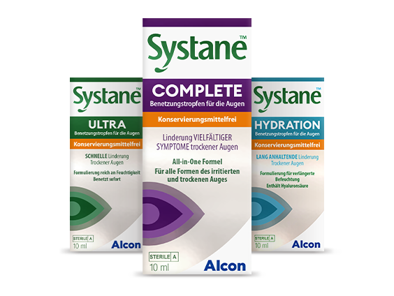 Produktabbildungen von Systane Hydration, Complete und Ultra ohne Konservierungsmittel
