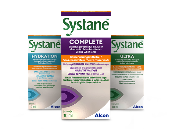 Produktabbildungen von Systane Hydration, Complete und Ultra ohne Konservierungsmittel