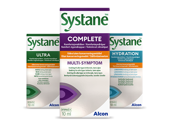 Systane Ultra, Systane Complete ja Säilöntäaineeton Systane Hydration voitelevien silmätippojen tuotepakkaukset