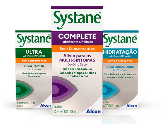 Produtos Systane para alívio do olho seco, incluindo Systane Ultra, Systane Complete e Systane Hidratação sem conservantes, em embalagens de 10 mL para diferentes necessidades de lubrificação ocular.