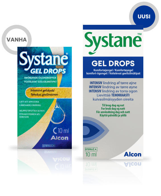 Systane® geelimäisten silmätippojen pullolaatikko ja tuotepakkaus