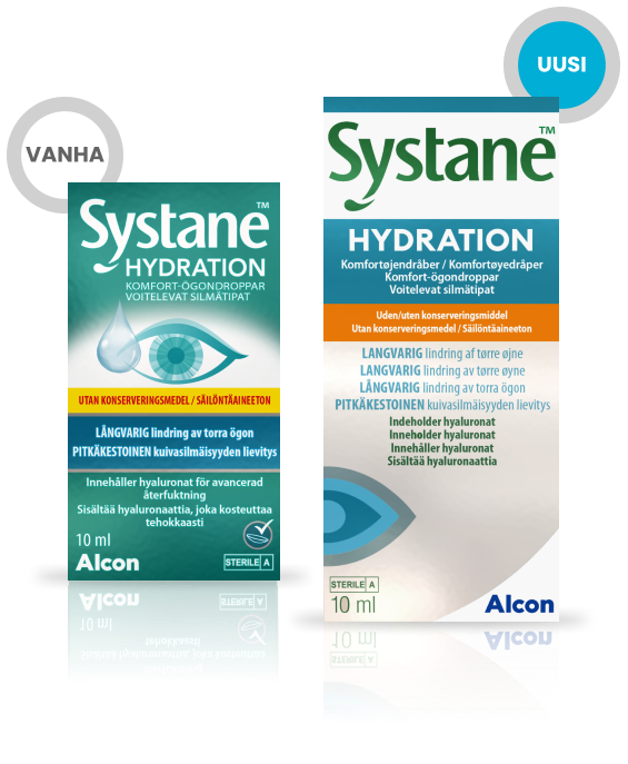 Uusi ja vanha Alconin säilöntäaineeton Systane Hydration -moniannospullon pakkaus; pitkäkestoista helpotusta kuivasilmäisyyteen tuplapakkauksessa 