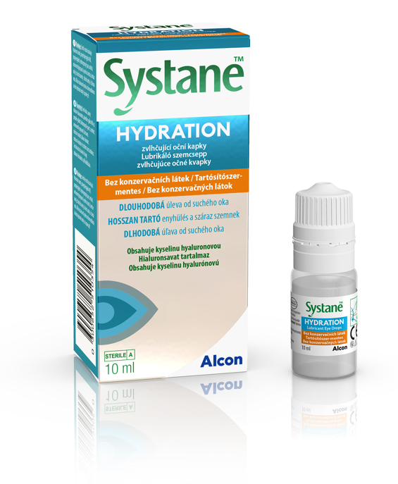 Nové balenie a krabička zvlhčujúcich očných kvapiek Systane® Hydration bez konzervačných látok