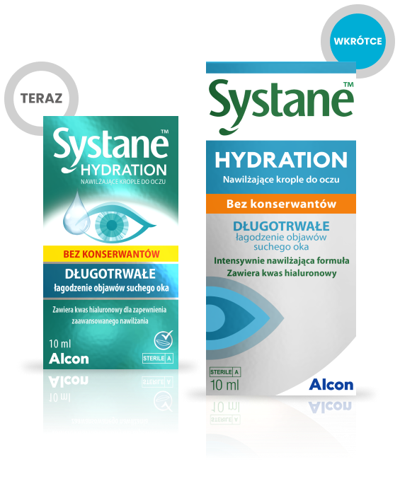 Aktualne i przyszłe pudełko Systane Hydration bez konserwantów