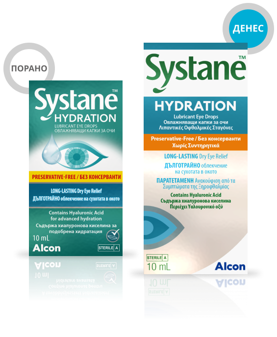 Порано и сега кутии за производи за Systane  Hydration без конзерванси капки за очи  за долготрајно олеснување повеќе симптоми на суво око од Alcon