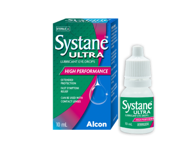 Systane® Ultra Lubricant Eye Drops vial and product box