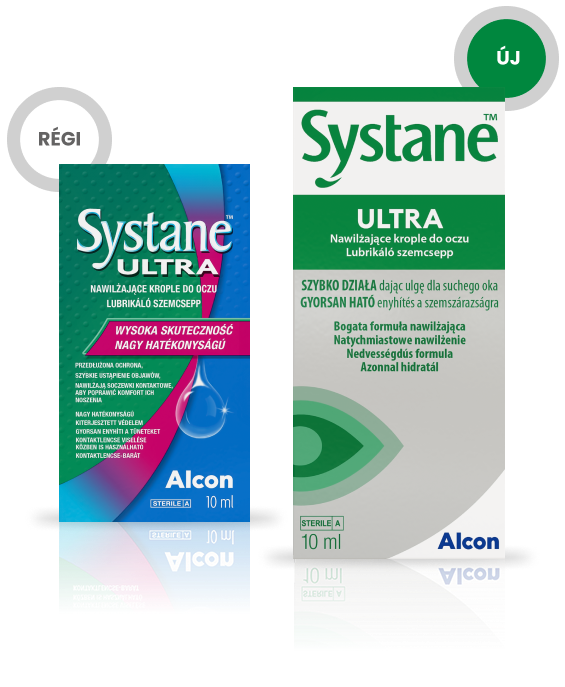 Régen és Most termékdobozok az Alcon Systane Ultra nedvesítő szemcseppeihez