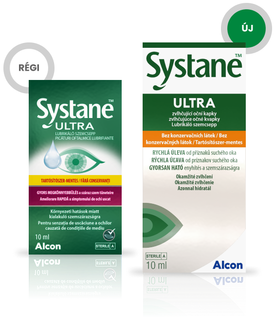 Régen és Most termékdobozok az Alcon Systane Ultra tartósítószermentes nedvesítő szemcseppei