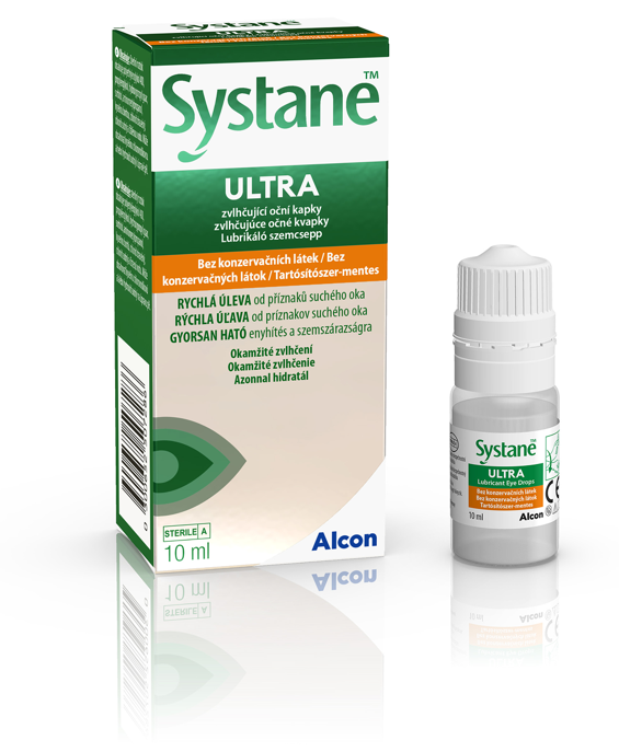 Nové balenie a krabička zvlhčujúcich očných kvapiek Systane® Ultra bez konzervačných látok
