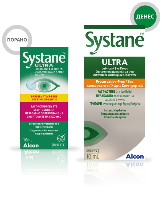 Порано и сега кутии за производи за Systane Ultra без конзерванси капки за очи со брзо дејство за олеснување симптоми на суво око од Alcon