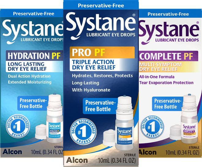 product boxes for Systane Hydration Preservative-Free, Complete Preservative-Free, and Ultra Preservative-Free lubricant dry eye relief drops by Alcon