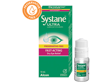 Systane® Ultra Preservative-free Lubricant Eye Drops vial and product box