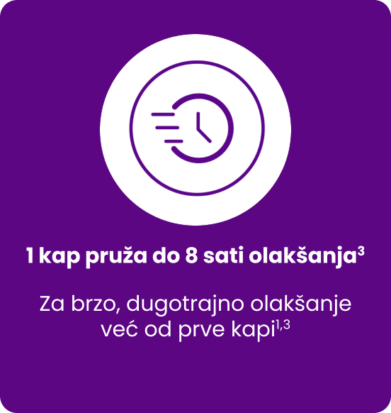 Ikona sata koja označava brzo i dugotrajno olakšanje simptoma suhoće očiju do 8 sati nakon primjene jedne kapi.