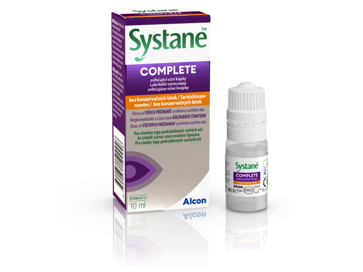 Nové balení a krabička zvlhčujících očních kapek Systane® Complete bez konzervačních látek