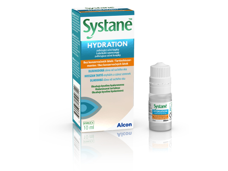Nové balení a krabička zvlhčujících očních kapek Systane® Hydration bez konzervačních látek