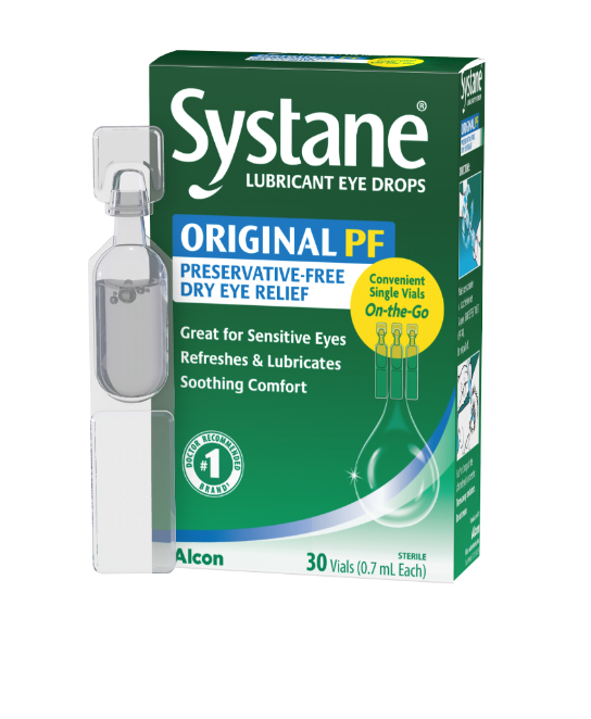 Systane Original PF Preservative-Free Lubricant Eye Drops in single vial dose and product box by Alcon
