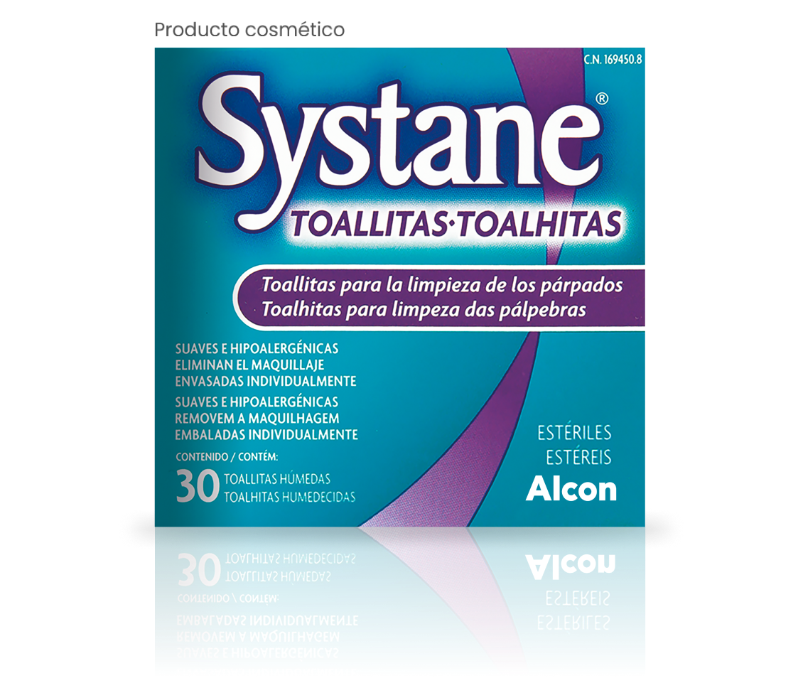 Toallitas limpieza palpebral caja de producto de Systane® toallitas