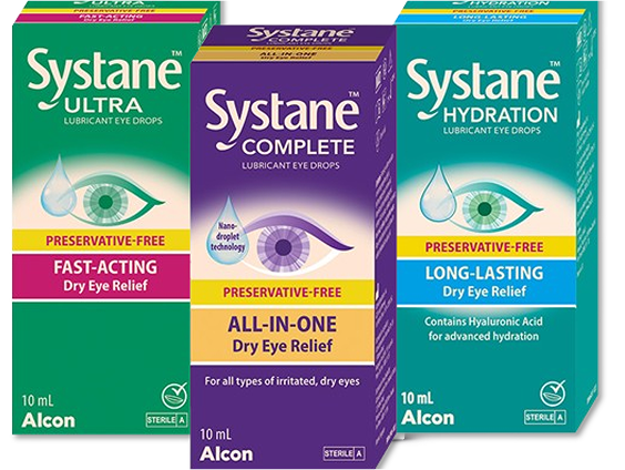 Product boxes and vial cartons for Systane Hydration, Complete and Ultra Lubricant Eye Drops by Alcon