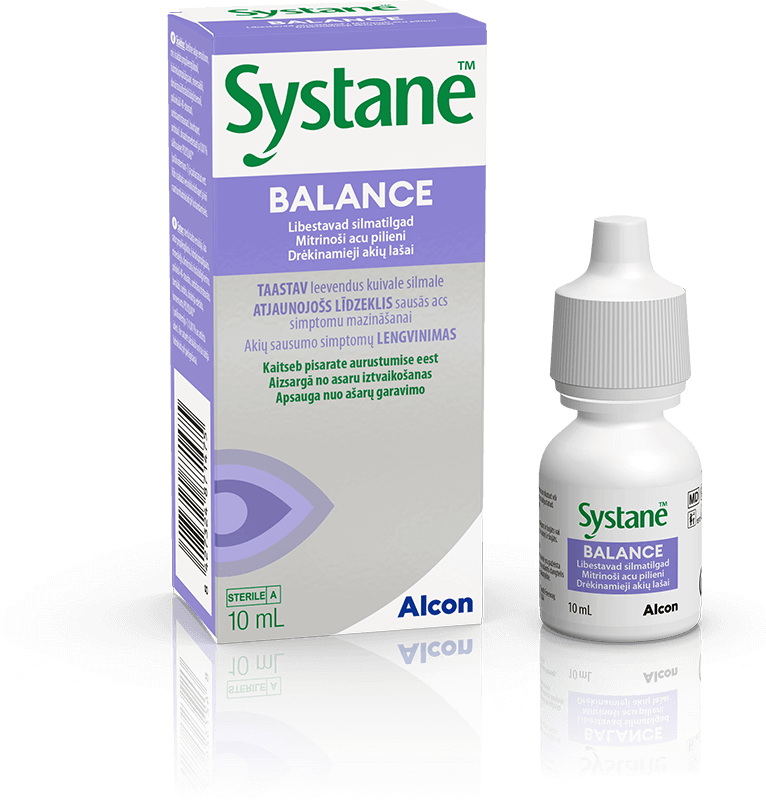 Alconi Systane Balance libstavate silmatilkade enne ja nüüd tootepakendid kuiva silma leevendavamiseks