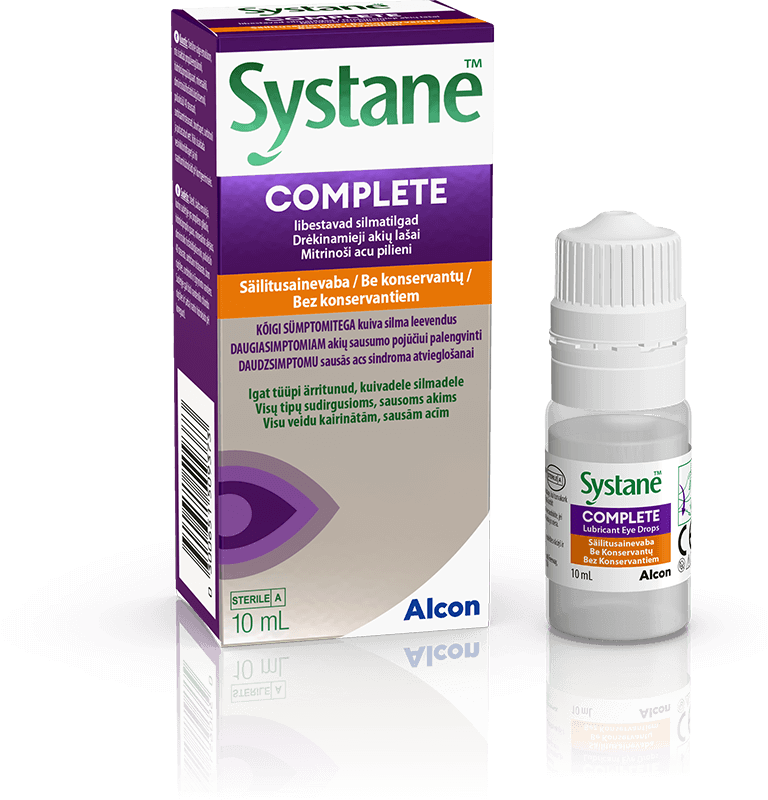 Alconi Systane Complete niisutavate silmatilkade enne ja nüüd tootepakendid kuiva silma leevendavamiseks