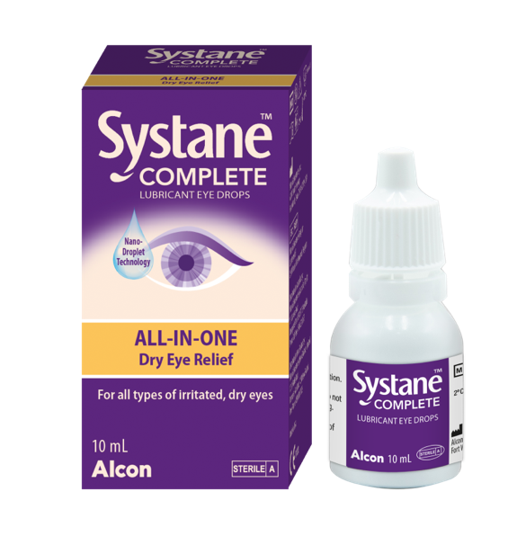 Systane® Complete Lubricant Eye Drops vial carton and product box