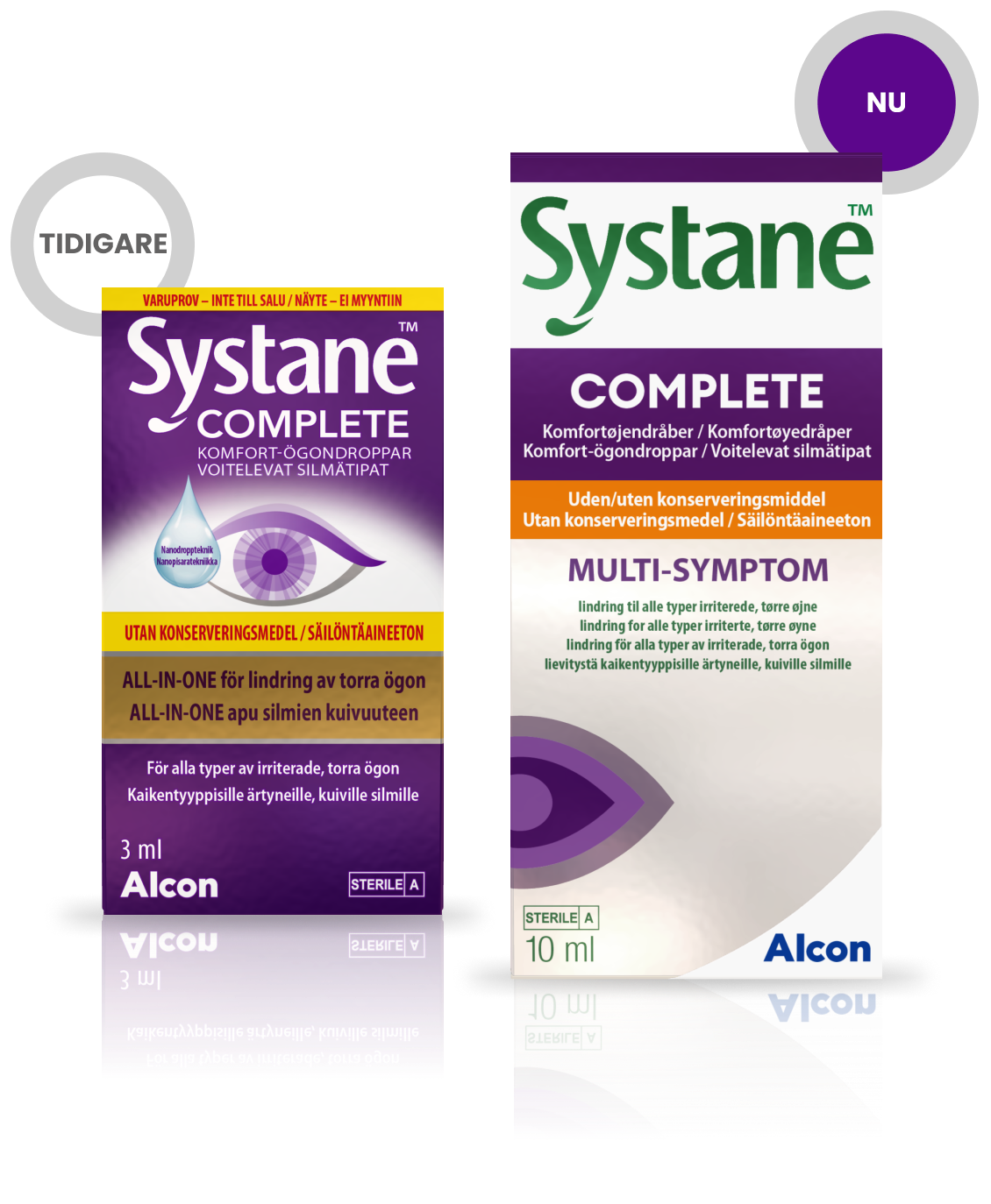 Produktförpackningar då och nu av Systane Complete PF (utan konserveringsmedel) ögondroppar för lindring av flera symptom på torra ögon från Alcon