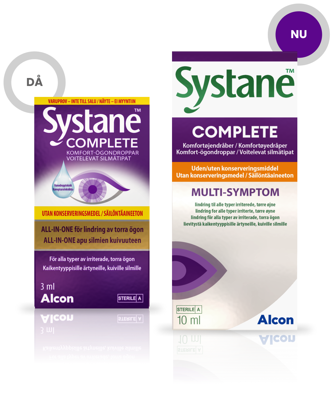 Produktförpackningar då och nu av Systane Complete PF (utan konserveringsmedel) ögondroppar för lindring av flera symptom på torra ögon från Alcon
