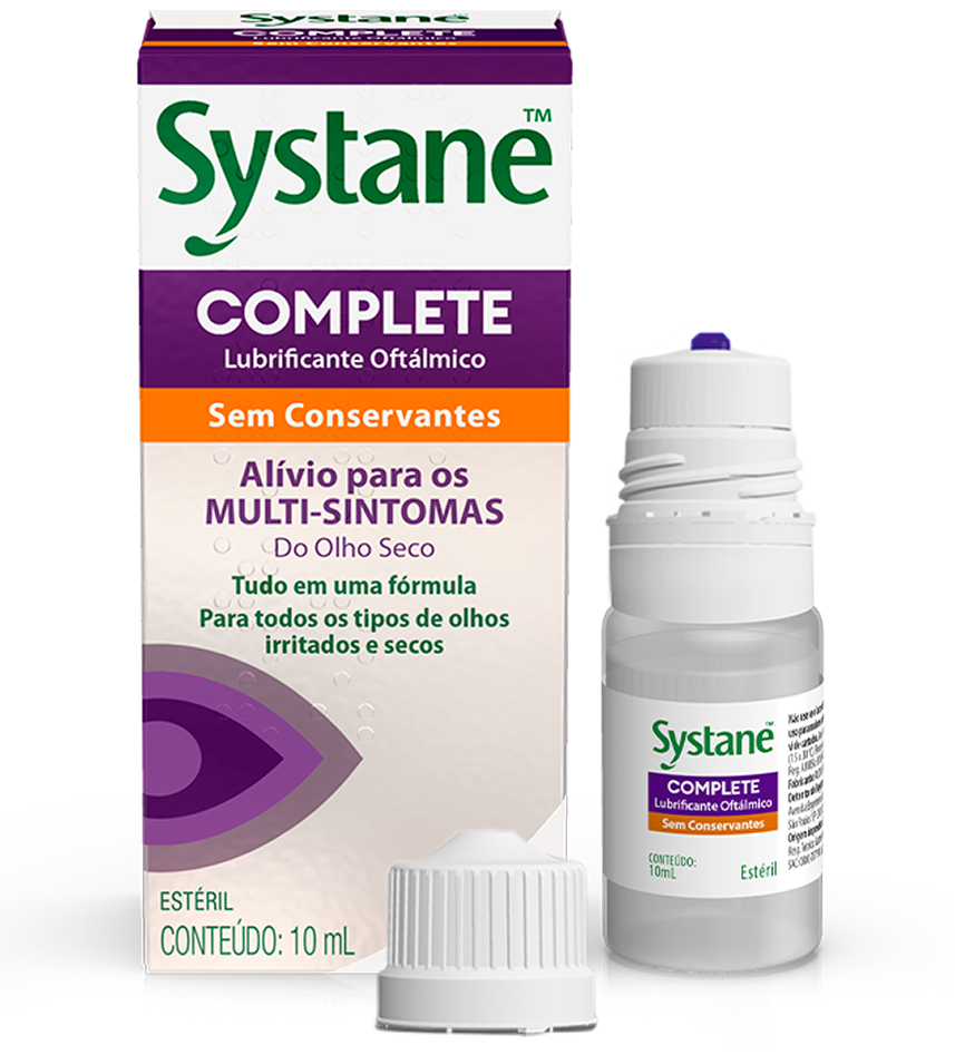 Systane Complete lubrificante oftálmico sem conservantes para alívio dos múltiplos sintomas do olho seco, com frasco de 10 mL, tampa e embalagem do produto.