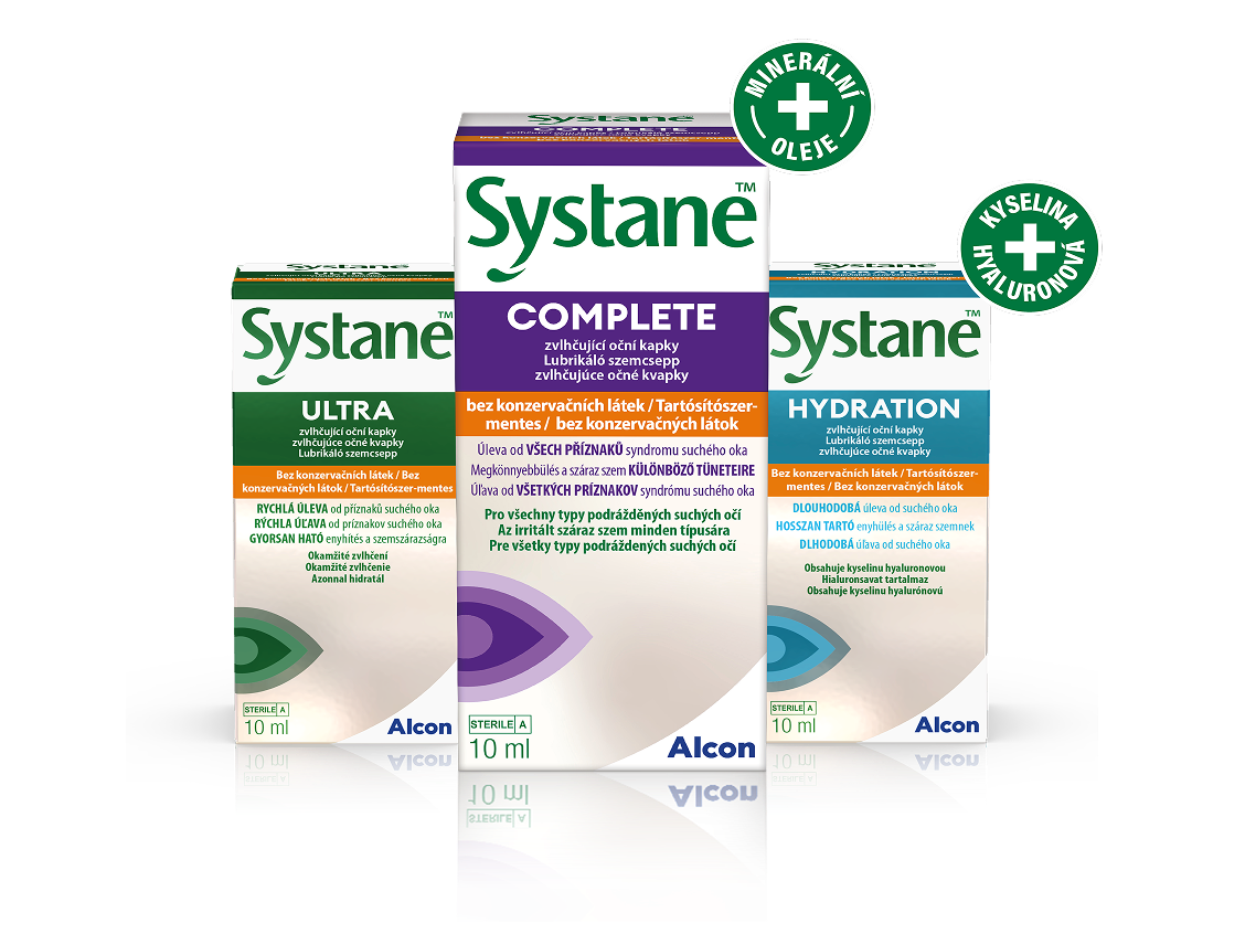 produktové krabičky pro Systane Ultra bez konzervačních látek, Systane Complete bez konzervačních látek a Systane Hydration bez konzervačních látek od Alconu