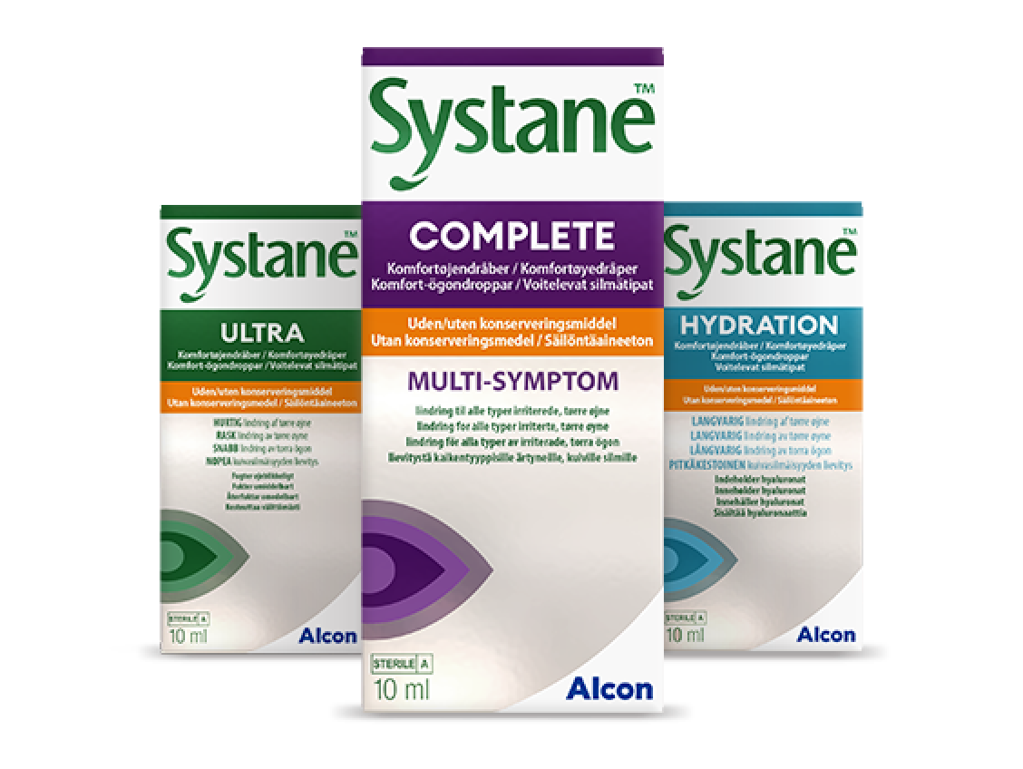 Produktæsker med Systane Ultra, Systane Complete og Systane Hydration: smørende øjendråber uden konserveringsmiddel. To dråber – ét ustoppeligt dig!