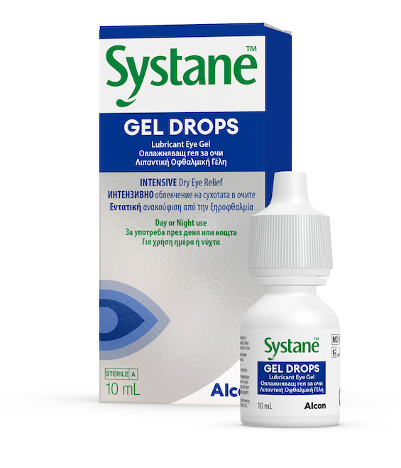 Стара и нова опаковка Systane Gel Drops lubricant за интензивно облекчение при тежка форма на сухо око от Alcon